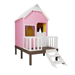Casinha de Brinquedo Artesanal Rosa com Cercado e Escada Telhado Branco L12 - Gran Belo Casinha Infa - 2
