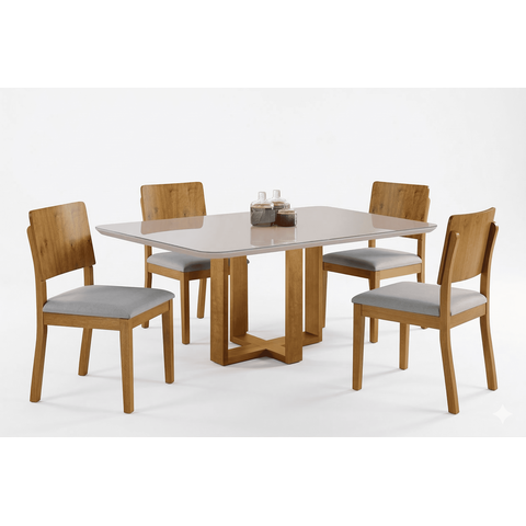 Conjunto Sala de Jantar 4 Lugares Safira Mesa e Cadeiras Madeira Maciça Tecido Linho Prata e Tampo C