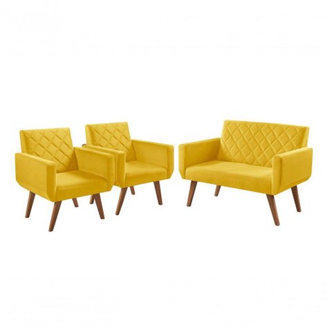 Conjunto Anabelle 2 Poltronas de 1 Lugar 1 Poltrona 2 Lugares Braço Unidecor Amarelo