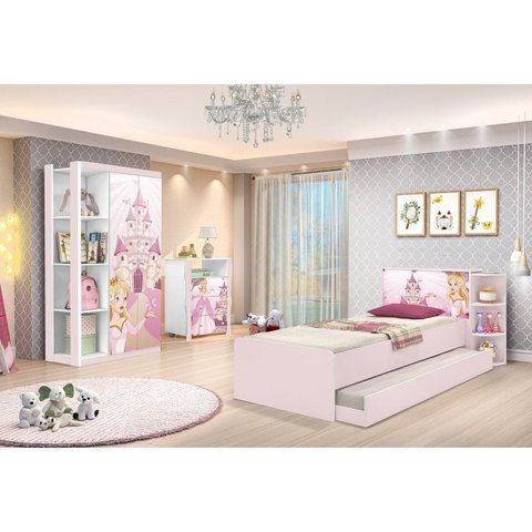 Conjunto Quarto Infantil Guarda Roupa 2 Portas Cômoda 3 Gavetas Lara e Cama Princesa
