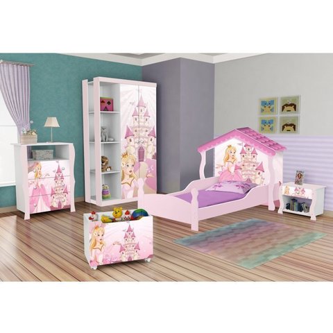 Conjunto Quarto Infantil Guarda Roupa 2 Portas Cômoda e Mesa de Cabeceira Lara e Cama Casa Princesa