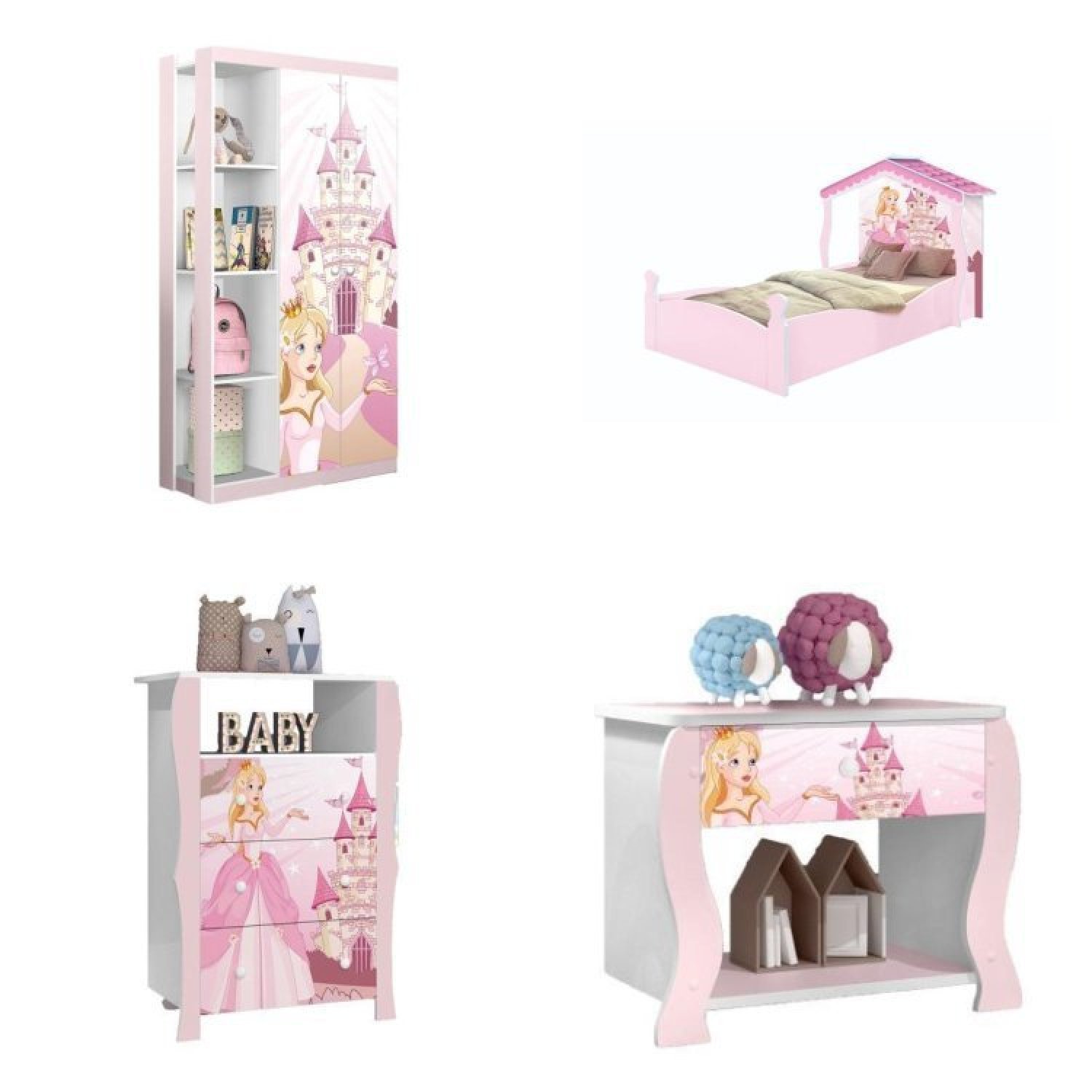 Conjunto Quarto Infantil Guarda Roupa 2 Portas Cômoda e Mesa de Cabeceira Lara e Cama Casa Princesa - 2