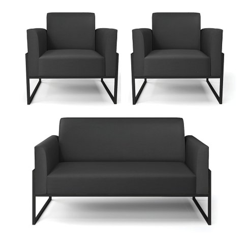Sofá Namoradeira com 2 Poltronas Base Industrial Alta Preto Marisa Corino Preto D03 - D’Rossi