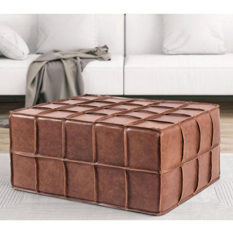Puff de Couro Legítimo Decorativo 80x60x40 cm Queen Marrom Camel