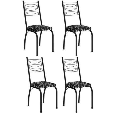 Kit 4 Cadeiras Aço Carbono Tubular Metálica Acabamento D-25 Luana Preto/preto Flor