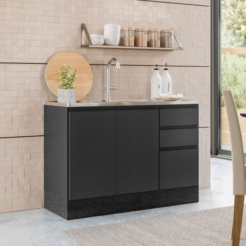 Balcão de Cozinha para Pia 120 cm Rubi 3 Portas 2 Gavetas com Rodapé Grafite - Pnr Móveis