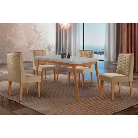 Conjunto: Mesa Sala Jantar Havana Curvo 120cm + 4 Cadeiras Dafne Naturale/off White - Linho Bege -