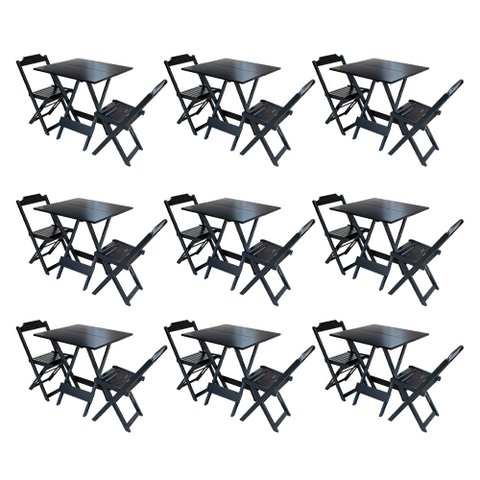 Kit 9 Conjuntos de Mesa Dobravel com 2 Cadeiras de Madeira 70x70 para Restaurante e Bar - Preto