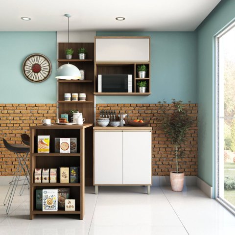 Cozinha Compacta 4 Peças com Bancada Mesa Gourmet Armário com Nicho Balcão 80cm Mel Luciane Móveis