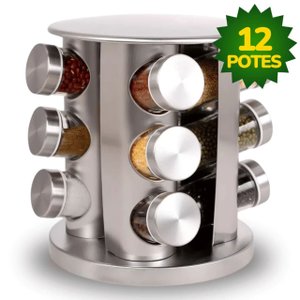 Porta Condimentos e Temperos Giratório com 12 Potes em Aço Inox e Vidro
