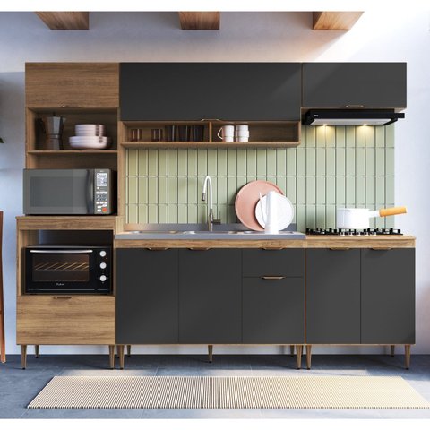 Cozinha Completa Modulada 5 Peças com Torre Quente para 2 Fornos e Espaço para Cooktop Veneza Modulada Cinza/Mel/Grafite