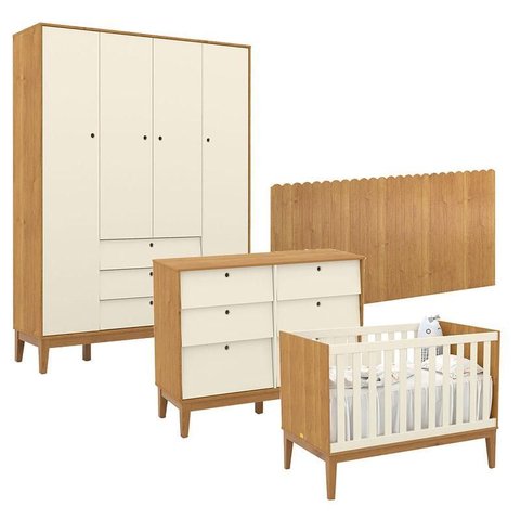 Quarto de Bebê Unique 4 Portas com Cômoda 6 Gavetas e Painel Farm Freijó Off White Eco Wood - Matic