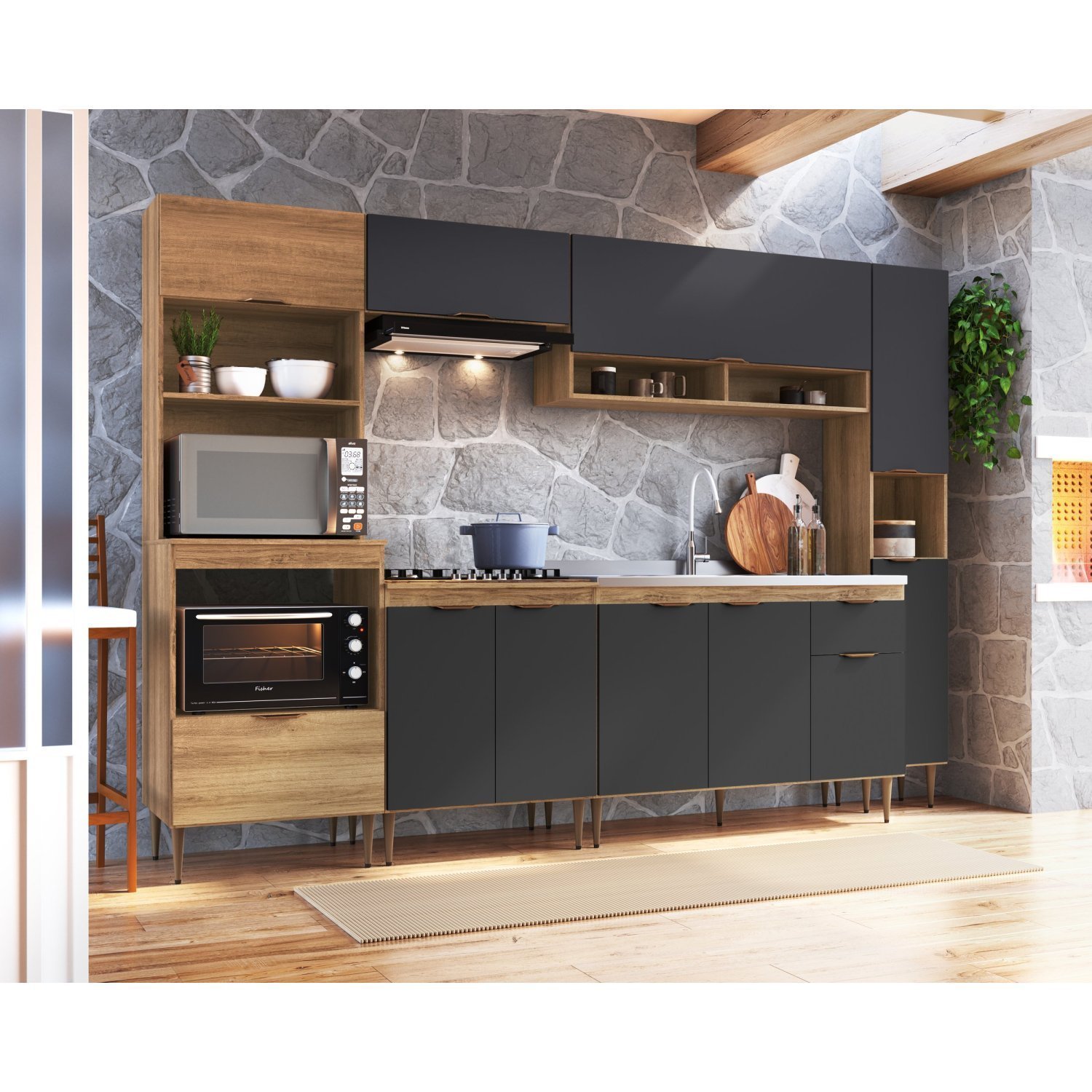 Cozinha Completa 6 Peças Paneleiro Simples Balcão para Pia Cooktop e Torre 2 Fornos Veneza