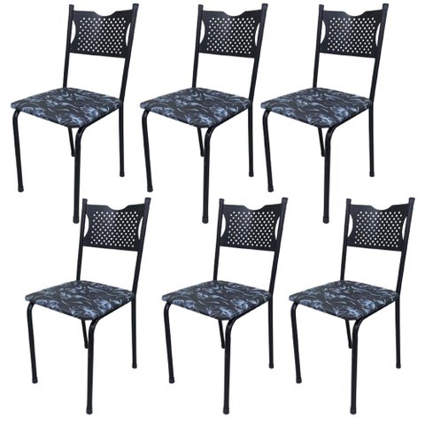 Kit 6 Cadeira para Cozinha Mc Tubular Almofadada Estrutura Preta com Assento Floral Medcombo