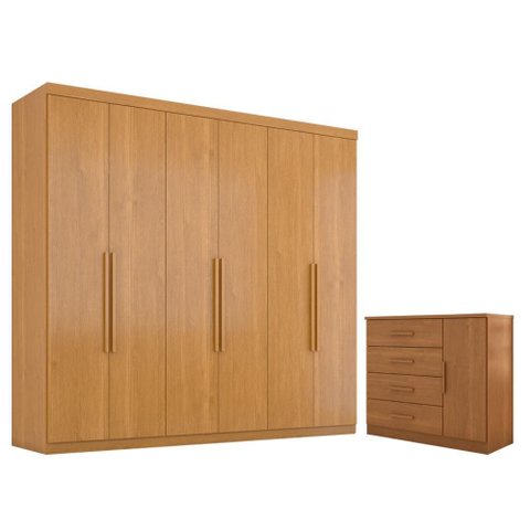 Guarda Roupa Casal Evidence Plus 6 Portas com Cômoda Sapateira Genova Plus 4 Gavetas Cinamomo Fosco