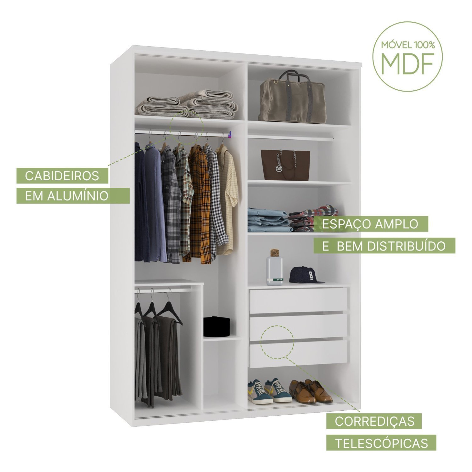 Guarda-Roupa Modulado Solteiro 1,60m 2 Portas de Correr 3 Gavetas 100% MDF Attuale - 6