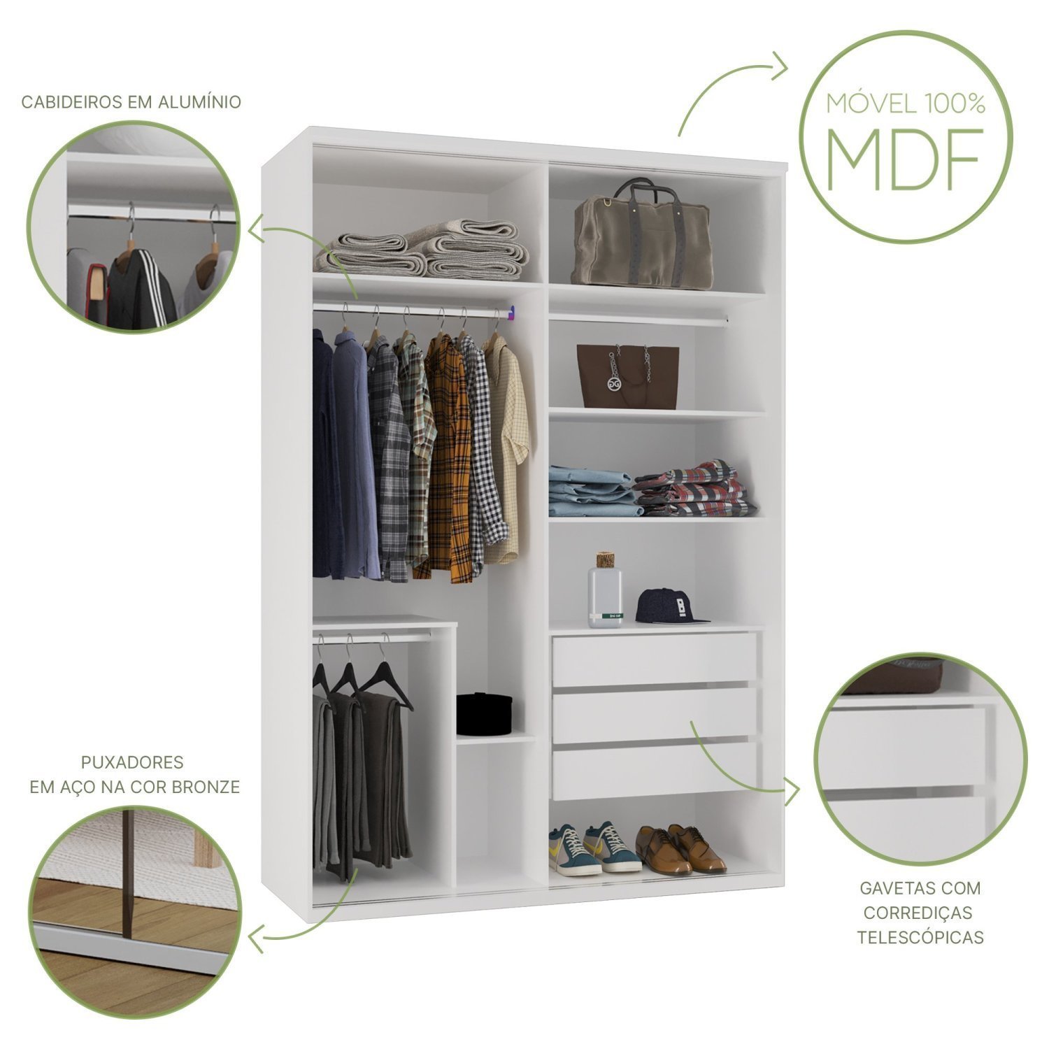 Guarda-Roupa Modulado Solteiro 1,60m 2 Portas de Correr 3 Gavetas 100% MDF Attuale - 7