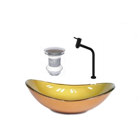 CUBA DE VIDRO OVAL 47CM DOURADO REAL + VALVULA + TORNEIRA PRETA