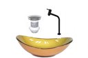 Ver imagem 1 de CUBA DE VIDRO OVAL 47CM DOURADO REAL + VALVULA + TORNEIRA PRETA