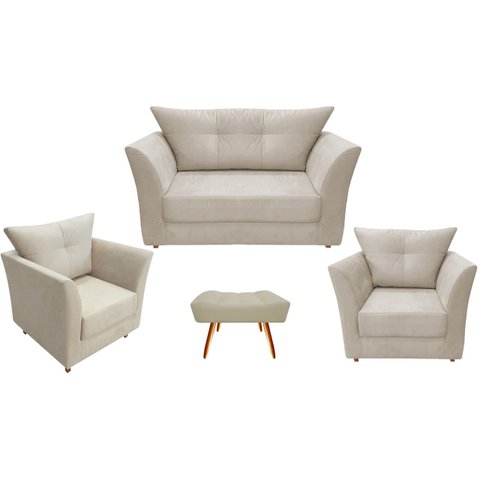 Kit Namoradeira + 2 Poltronas Decorativa Isis + 1 Puff Retangular Suede Bege Pés Madeira Ms Decor