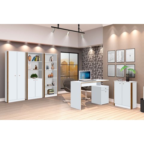 Conjunto 3 Armários Organizador e 1 Mesa Escrivaninha Office 1 Balcão Escritório Branco com Nature -