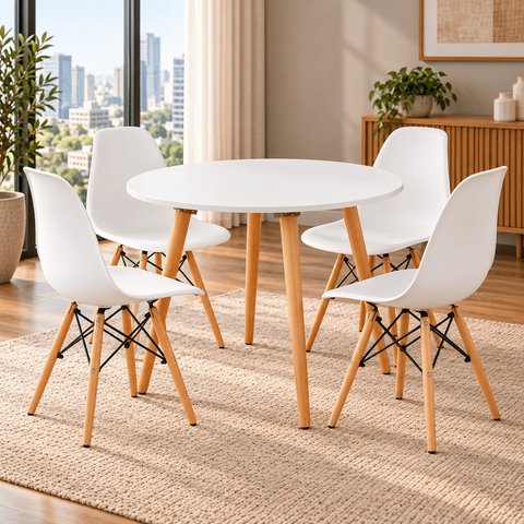 Conjunto Mesa de Jantar Redonda com 4 Cadeiras Eames Eiffel para Cozinha e Sala de Jantar - Branca