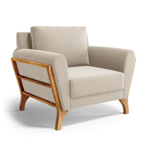 Poltrona Sabrina de Madeira Maciça com Almofada Veludo Bege 102