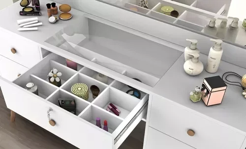 Penteadeira Camarim Retro 7 Gavetas 100% Mdf C/ Led - Espelho -Gaveta Maquiagem - Exclusiva - 4