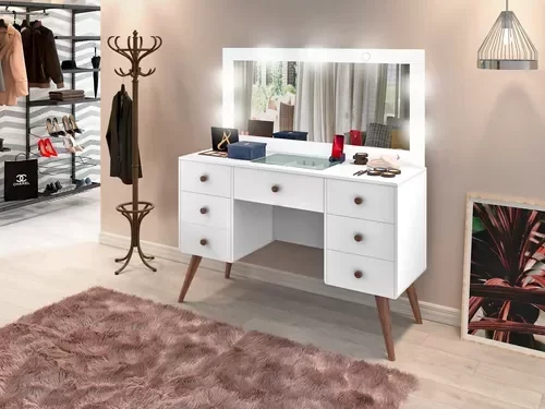Penteadeira Camarim Retro 7 Gavetas 100% Mdf C/ Led - Espelho -Gaveta Maquiagem - Exclusiva - 1