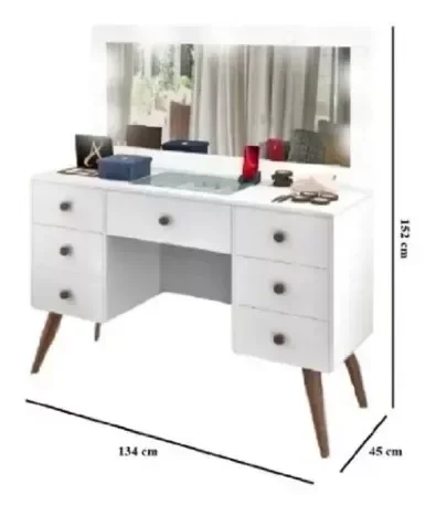 Penteadeira Camarim Retro 7 Gavetas 100% Mdf C/ Led - Espelho -Gaveta Maquiagem - Exclusiva - 3