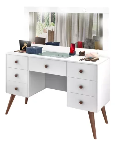 Penteadeira Camarim Retro 7 Gavetas 100% Mdf C/ Led - Espelho -Gaveta Maquiagem - Exclusiva - 2