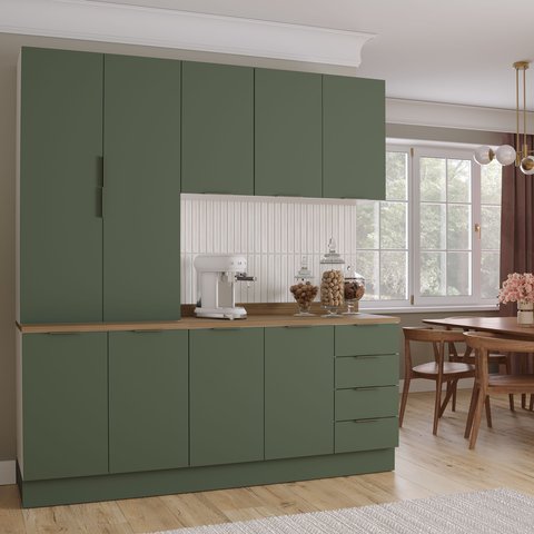 Cozinha Modulada 4 Peças com Tampo 2 Armários Aéreos 5 Portas e 2 Balcões Ipanema CabeCasa MadeiraOriginals Verde/Folha/Branco