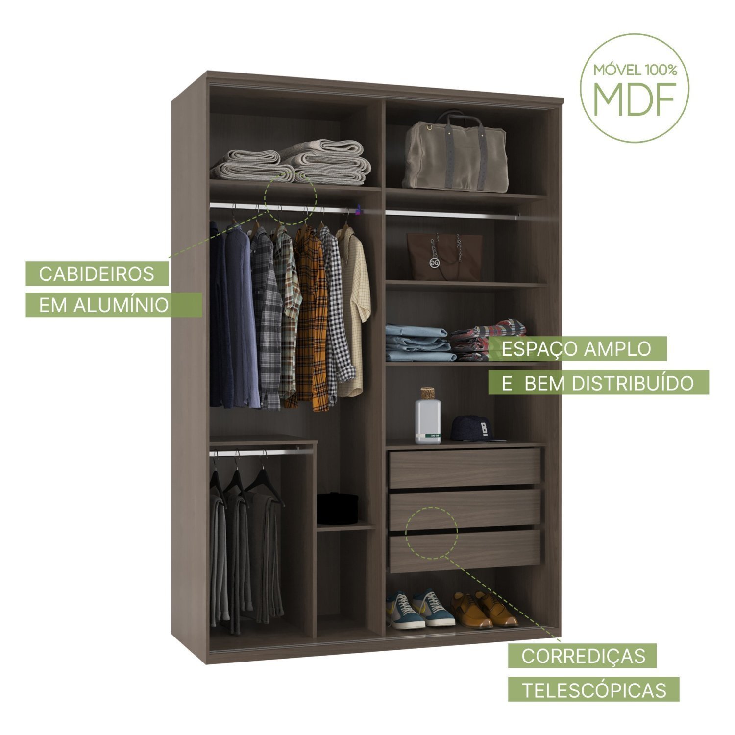 Guarda-Roupa Modulado Solteiro 1,60m 2 Portas de Correr 3 Gavetas 2 Espelhos Moldura MDF Attuale - 6