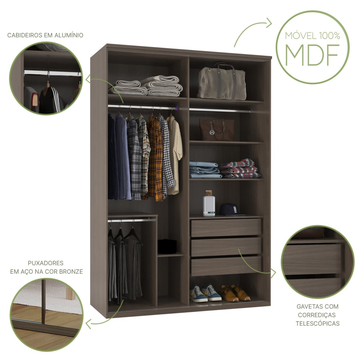 Guarda-Roupa Modulado Solteiro 1,60m 2 Portas de Correr 3 Gavetas 2 Espelhos Moldura MDF Attuale - 7