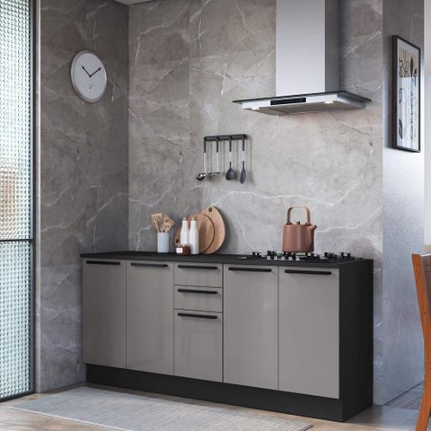 Kit 2 Balcões Modulados Gabinete Pia e Cooktop 200cm com Tampo Mônaco Cinza Chumbo/Titânio