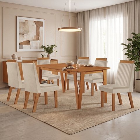 Conjunto Sala de Jantar Mesa Elos 1,60x0,80 Tampo Amadeirado 6 Cadeiras Riviera Cinamomo/Creme