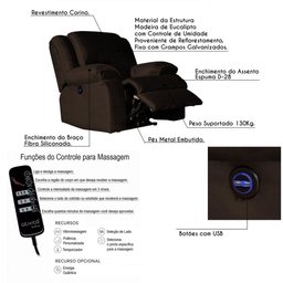 Poltrona Reclinável Elétrica Massagem e Usb Veludo Marrom - 2