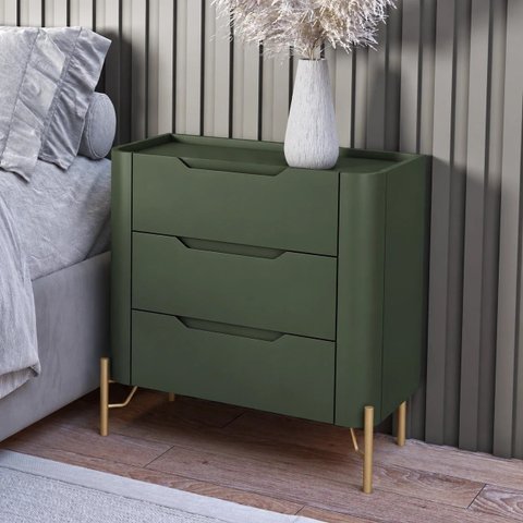 Mesa de Cabeceira Bend 3 Gavetas Incolar Musgo com Pé Dourado