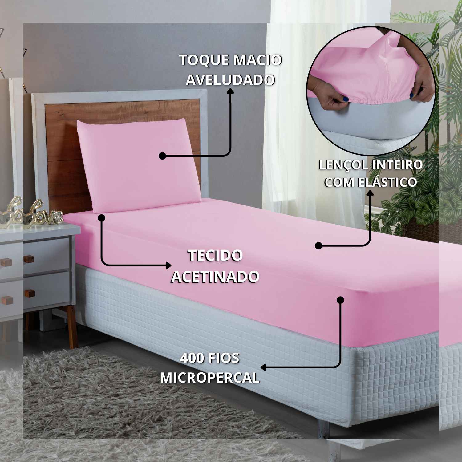 Conjunto Lençol Cama Solteiro 2 Peças 400 Fios com Elástico e Fronha Toque Macio:rosa - 3