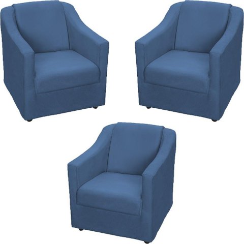 Kit 3 Poltronas Mila Pé de Plástico Cromado - Azul-marinho Suede