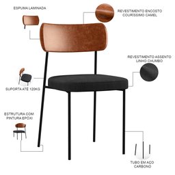 Kit 02 Cadeiras Estofadas para Sala de Jantar Melina L02 Couríssimo Camel Linho Chumbo - Lyam - 4
