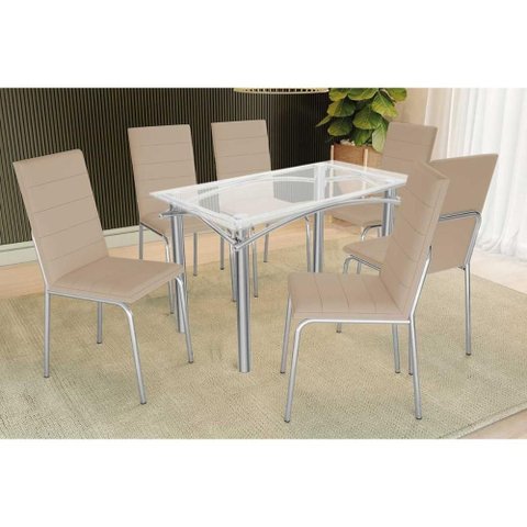 Conjunto: Mesa de Cozinha Elba C/ Tampo de Vidro 120cm e 6 Cadeiras Amsterdã Cromada - Courano Bege