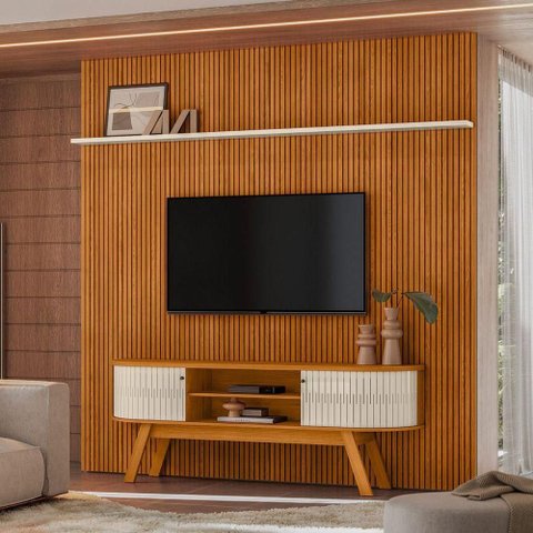 Conjunto Painel e Rack para TV Lena 75 Polegadas MDP Marrom Casah