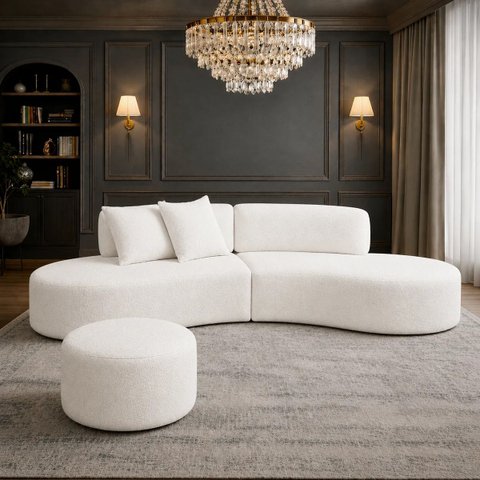 Sofá e Puff Orgânico Virginia 300cm Sala Boucle: Branco