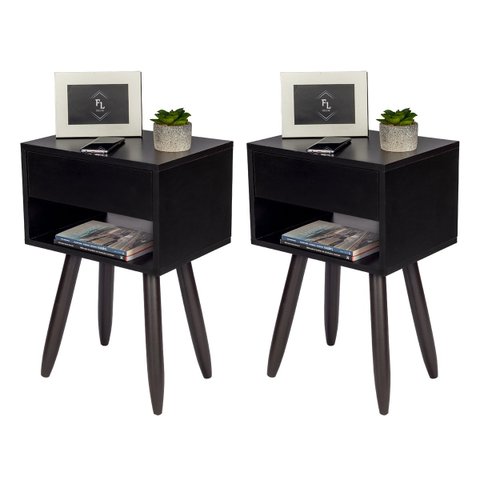 Kit 2 Mesas De Cabeceira Retro PRETO 55cm De Altura Pés Marrom Escuro - Enviamos Montada