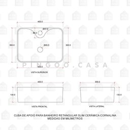 Cuba De Apoio Para Banheiro Retangular Slim Louça Cerâmica 40 cm Cornalina Pingoo.casa - Branco - 6