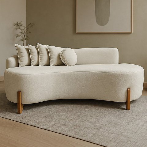Sofá Feijão 2,0m Orgânico 3 Lugares Pé de Madeira Maciça Bouclé Moderno