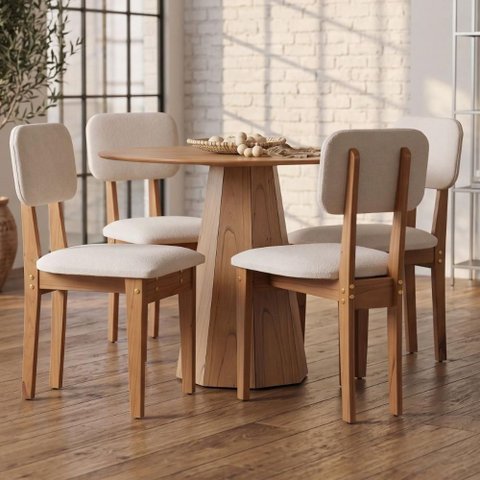 Mesa Jantar Redonda 117cm com 4 Cadeiras Estofadas MDF Cor:Cinamomo com Gelo