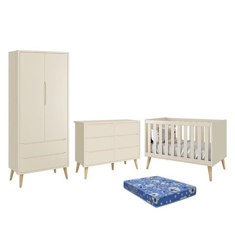 Dormitório Theo 2 Portas, Cômoda 6 Gavetas, Berço Areia Fosco com Pés Madeira Natural e Colchão