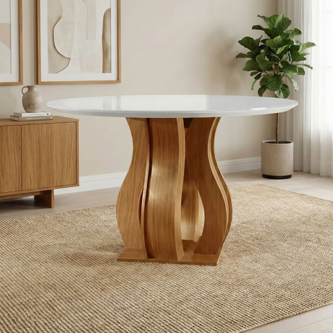 Mesa de Jantar Redonda 110cm Vidro/MDF 4 Lugares Castanho Cinamomo/Off White Nuance Yescasa Marrom